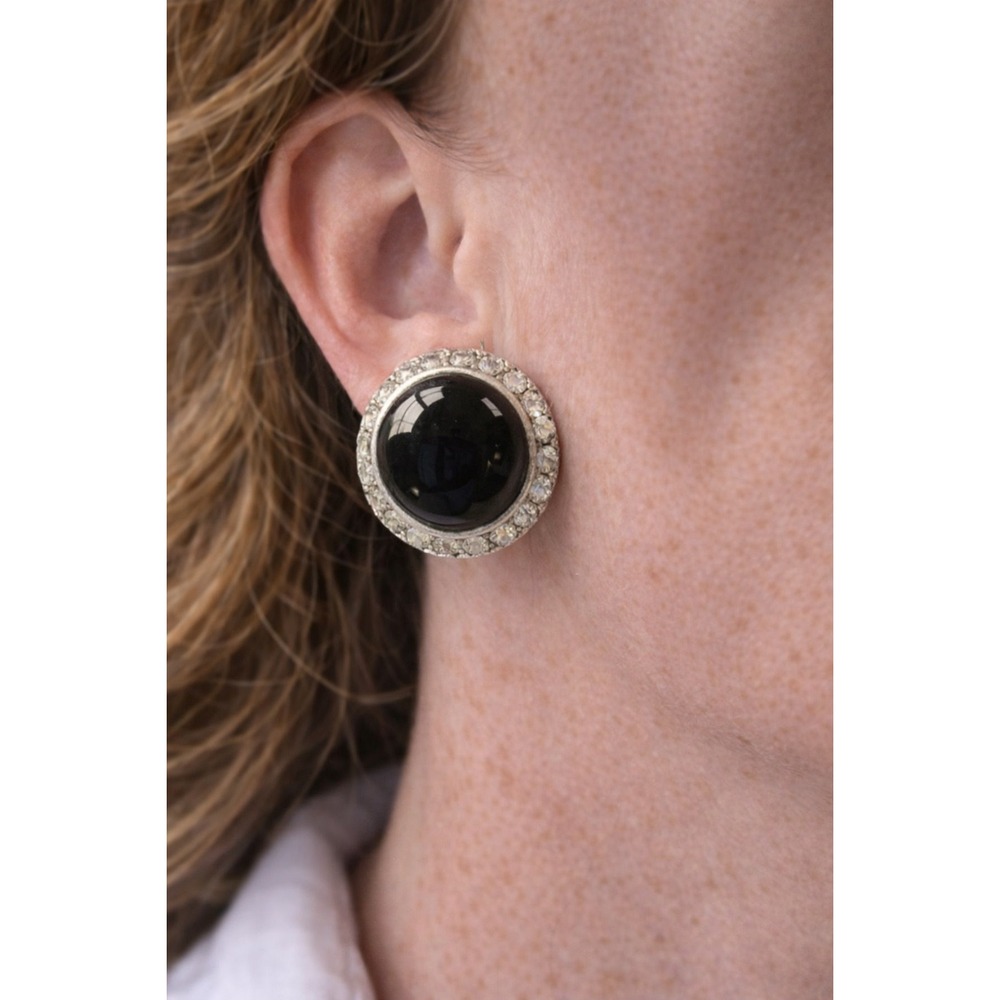 Vintage Black Cabochon Rhinestone Clip On Earrings Silver‎ Tone Statement